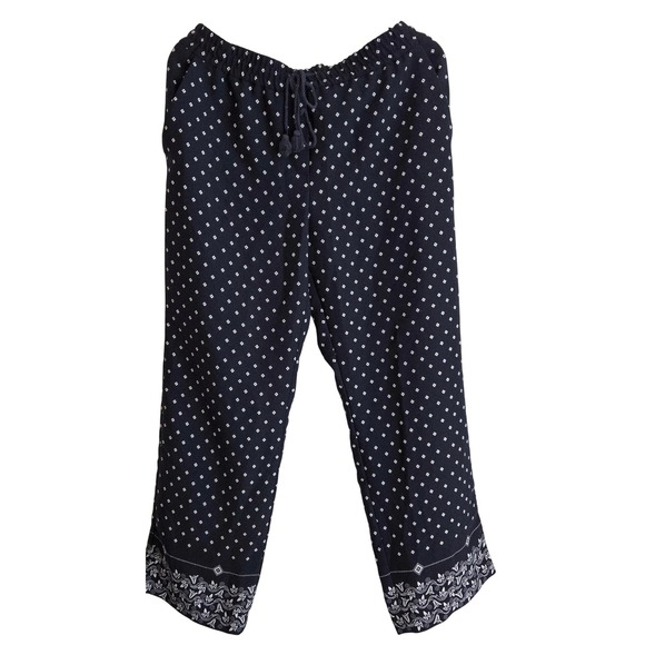 Ann Taylor LOFT Women's Medium Blue White Print Cropped Pants Drawstring - Picture 1 of 6